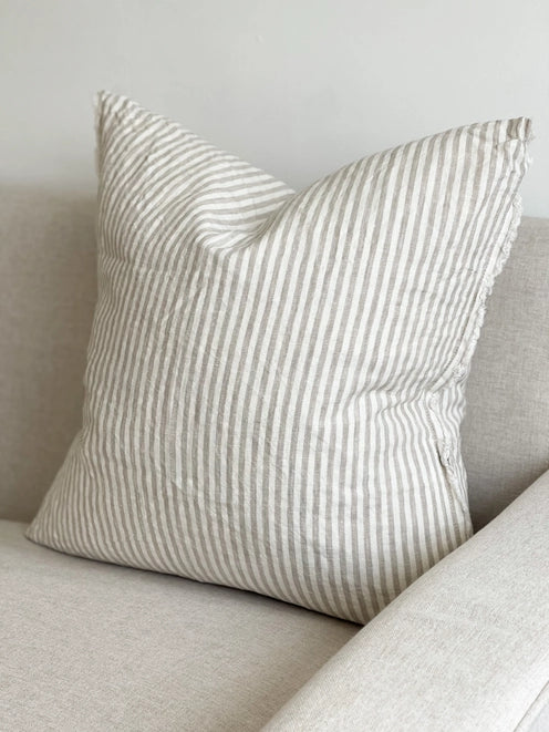 Frayed Edge Linen 45x45cm cushion Natural Beige Stripe - Esmee