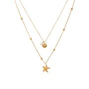 N085 Twin Chain Necklace with Starfish, Shell & Pearl Charms