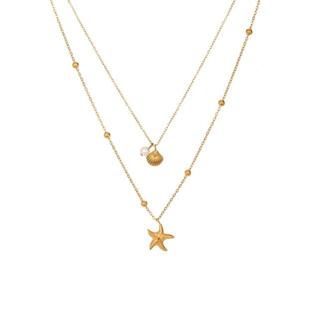 N085 Twin Chain Necklace with Starfish, Shell & Pearl Charms