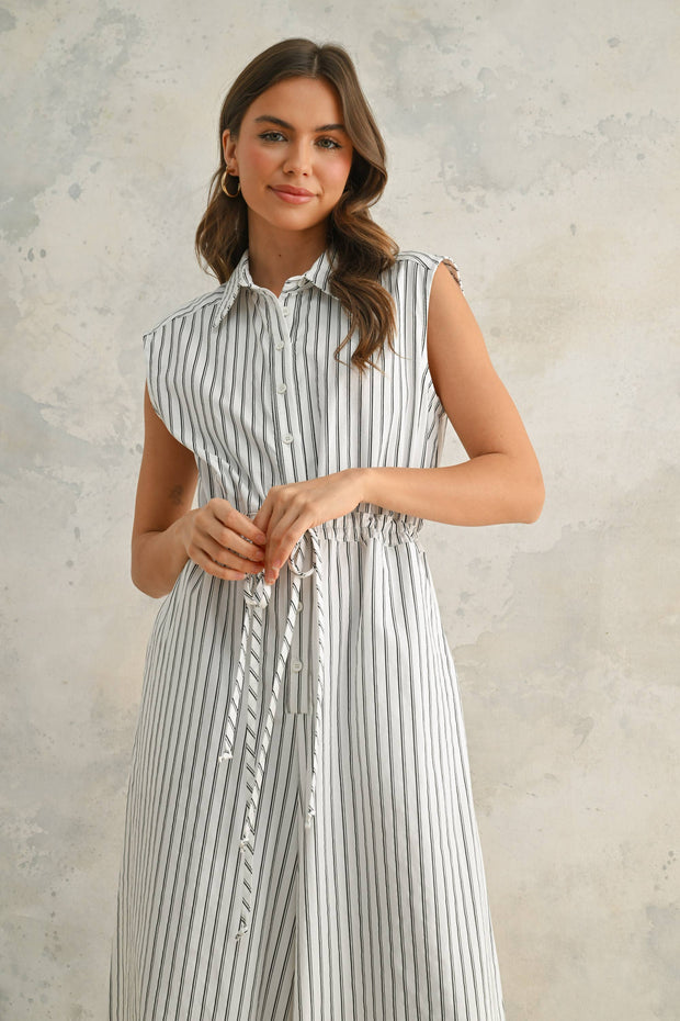 Striped Pattern Jumpsuit With Button Down