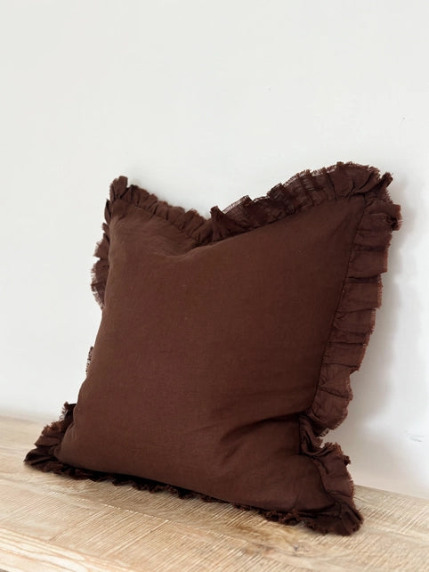 Hallie Ruffled Linen Cushion  – Dark Brown