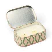 Candle in a decorative tin with green leaf pattern on a white background - From Victoria Shop
