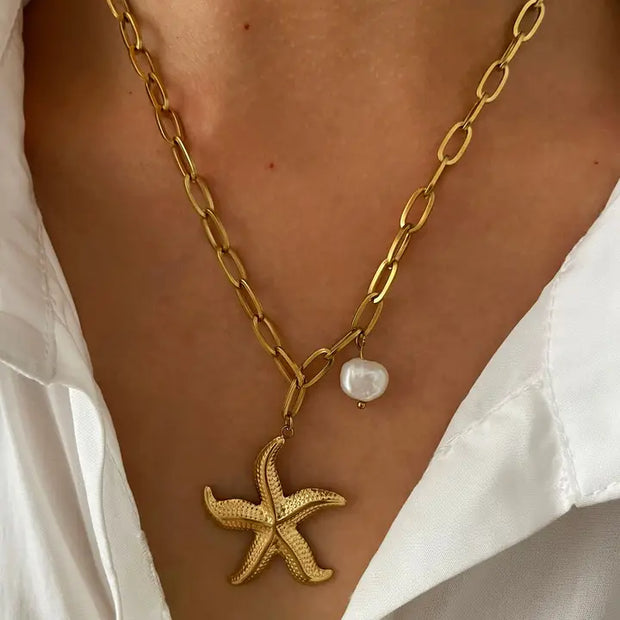 Starfish & Pearl Paperclip Chain Necklace in Gold, Last True Angel
