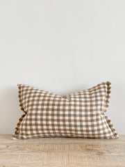 Fringed Linen Cushion 50x30 Brown Gingham - Esmee