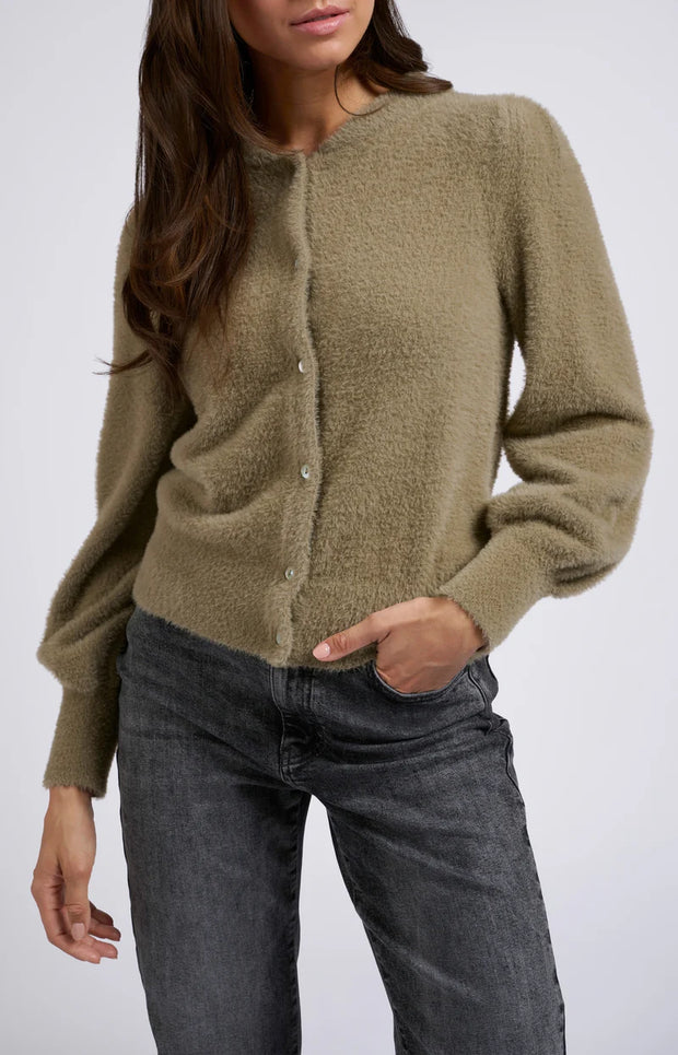 Round neck fluffy cardigan with buttons and long sleeves. Yaya at From Victoria 