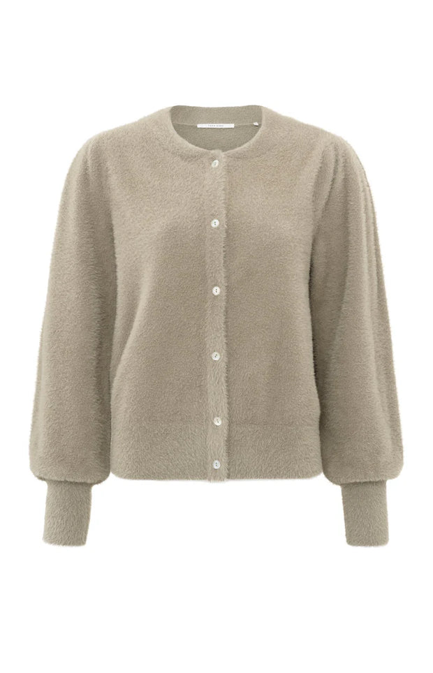 Fluffy cardigan with round neck, long sleeves and buttons