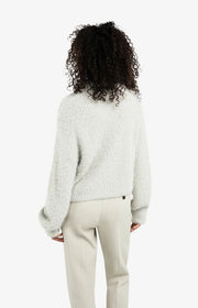 Fluffy cropped sweater with stand-up collar and buttons