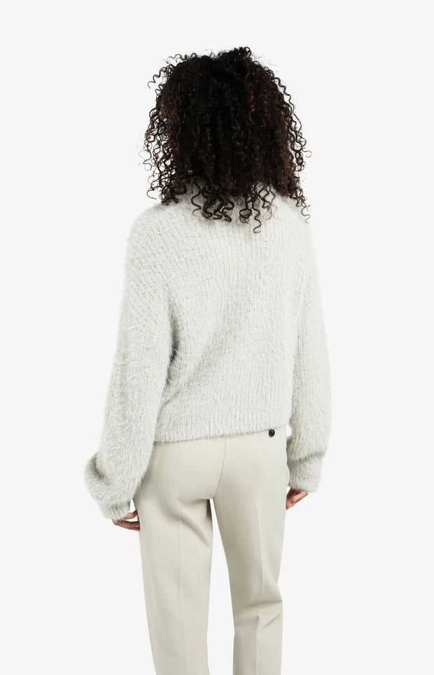 Fluffy cropped sweater with stand-up collar and buttons