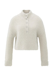 Fluffy cropped sweater with stand-up collar and buttons