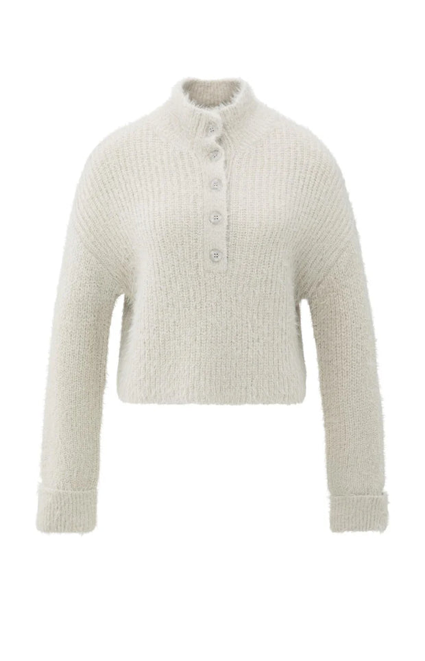 Fluffy cropped sweater with stand-up collar and buttons