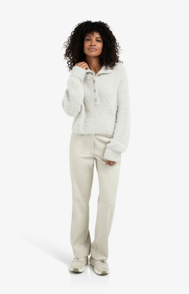 Fluffy cropped sweater with stand-up collar and buttons