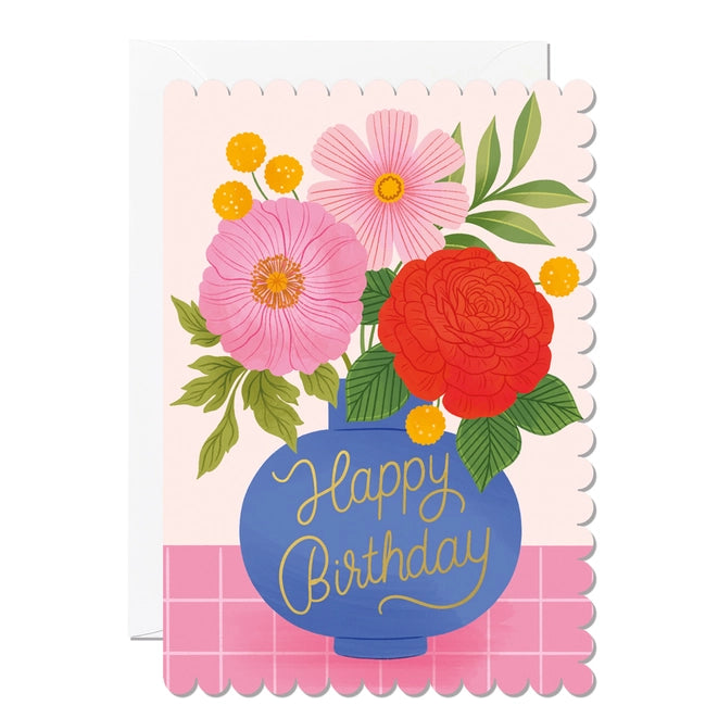 floral happy birthday card with scallop edge