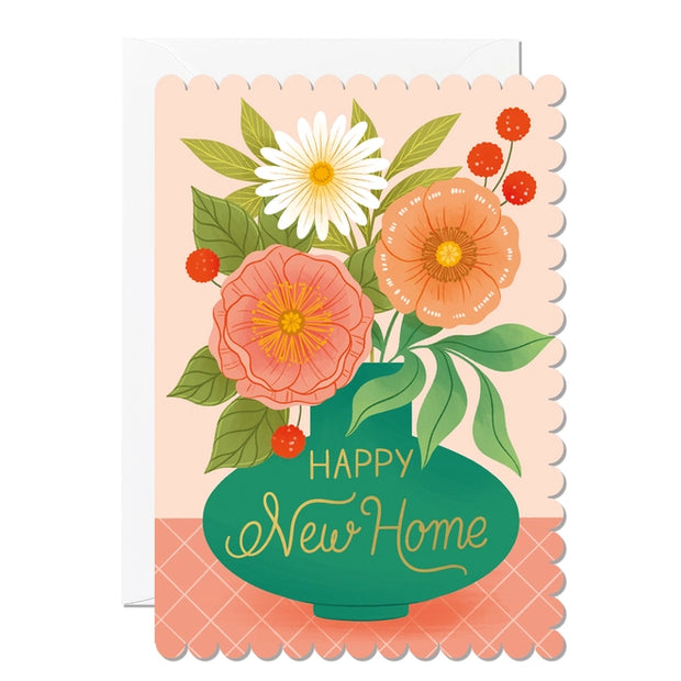 Happy new home card with a vase and flowers