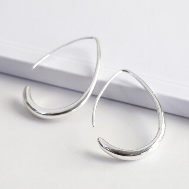 E075 Silver Teardrop Hoop Earrings
