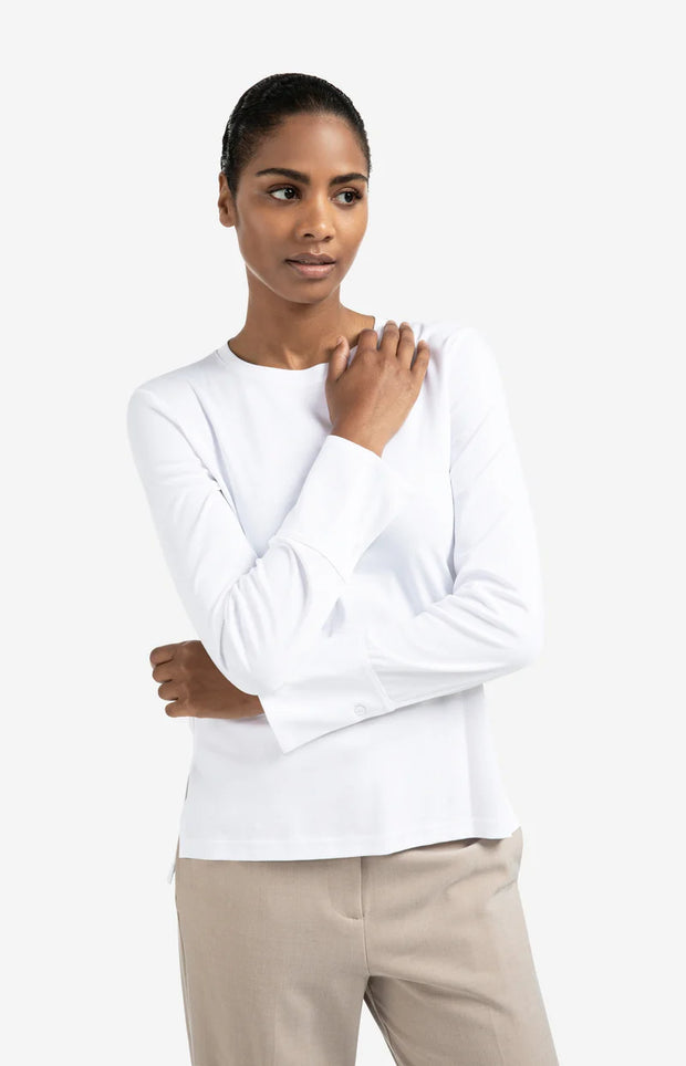 model wearing Jersey White Top with Woven Cuffs and Slit detail