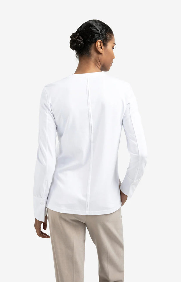 back detail of slit in white jersey top