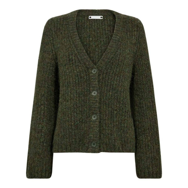 Green cardigan with buttons on a white background