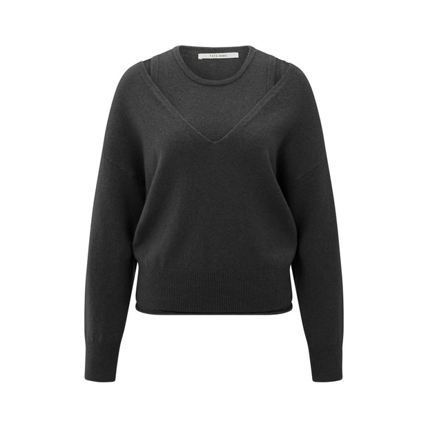 Knitted sweater with deep V-neck and layered top in oyster Black