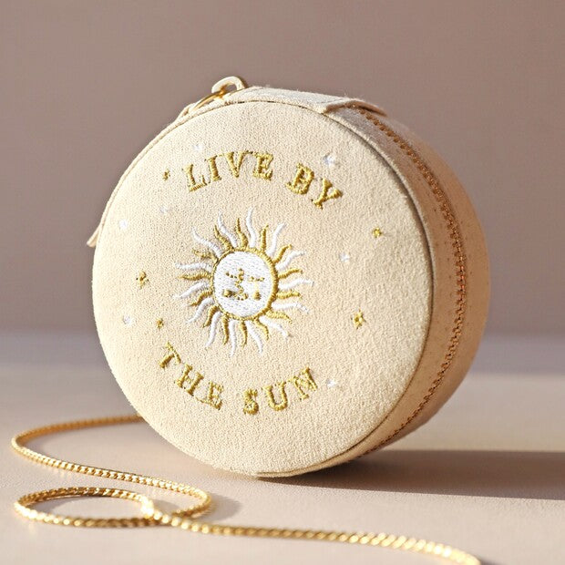 Sun and Moon Embroidered Round Jewellery Case in Beige - from victoria shop
