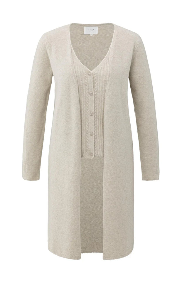 Long cardigan with cable-knit gilet layer