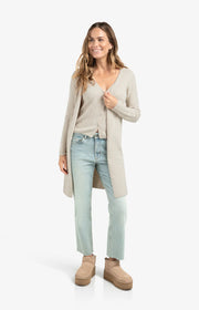 Long cardigan with cable-knit gilet layer