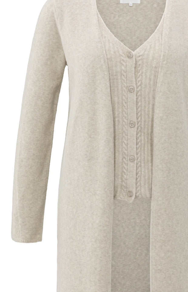 Long cardigan with cable-knit gilet layer