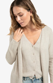 Long cardigan with cable-knit gilet layer
