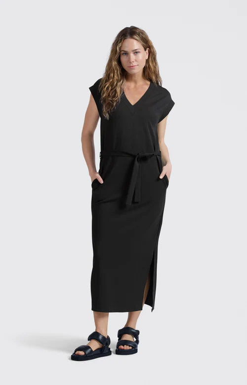 Long V-Neck T-Shirt Dress, Black