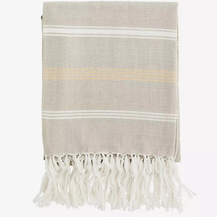 Beige, white and gold striped hammam towel, with white tassels