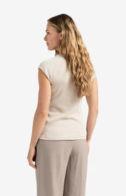 Beige mixed fabric T-shirt with plain sleeves