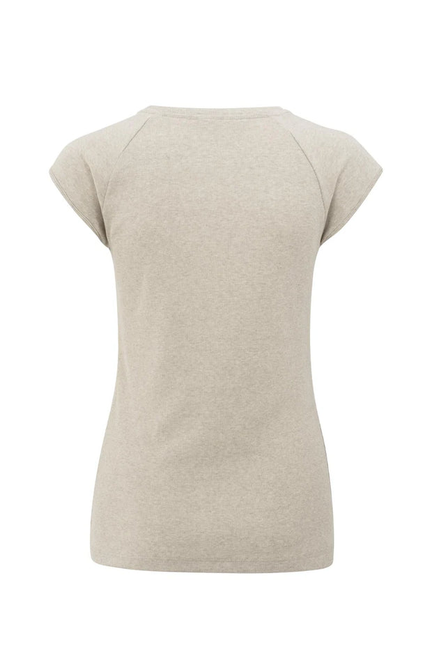 Beige mixed fabric T-shirt with plain sleeves