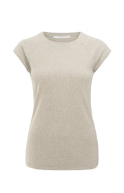 Beige mixed fabric T-shirt with plain sleeves