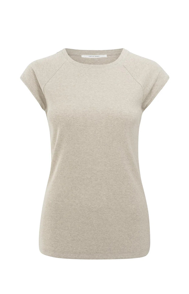 Beige mixed fabric T-shirt with plain sleeves
