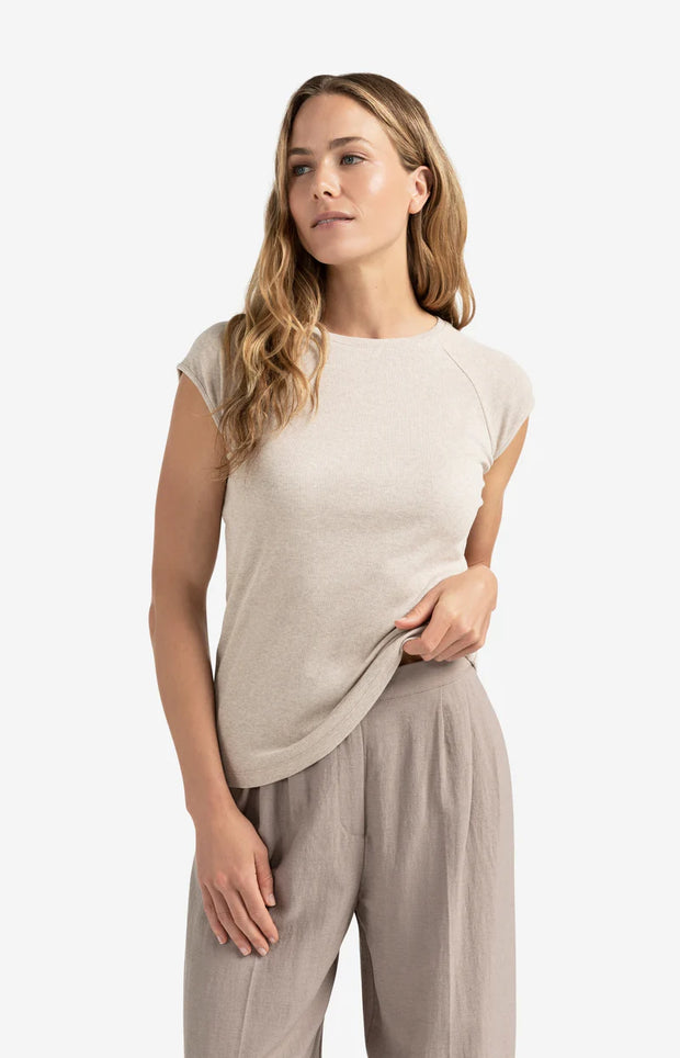 Beige mixed fabric T-shirt with plain sleeves