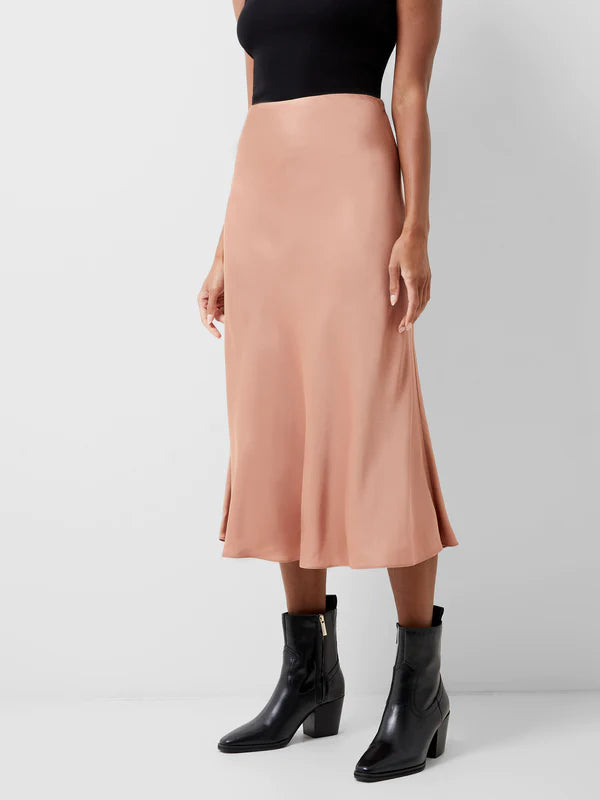 Front view of a satin midi skirt from French Connection