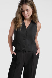 Linen Blend Washed Black Waistcoat