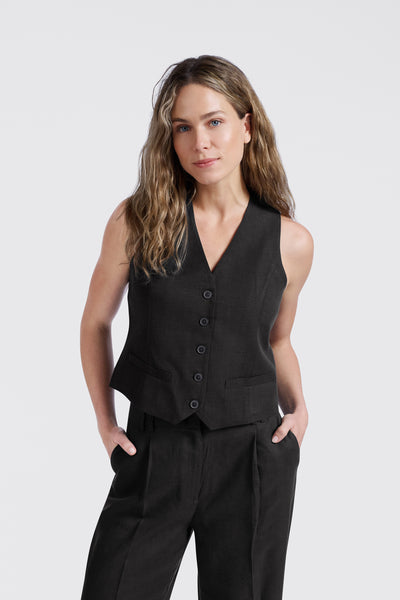 Linen Blend Washed Black Waistcoat