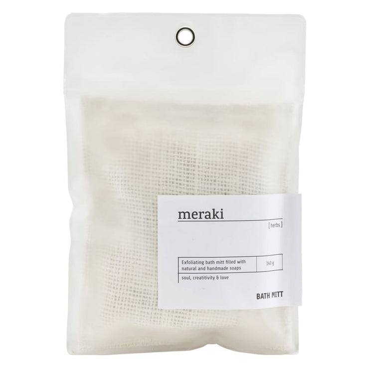meraki herbs bath mitt in recycled packaging