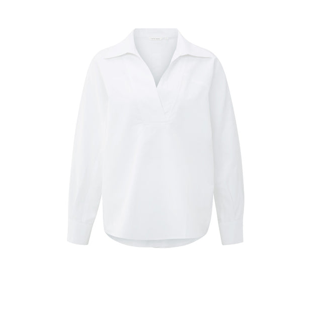White Poplin blouse with polo collar and V-neck