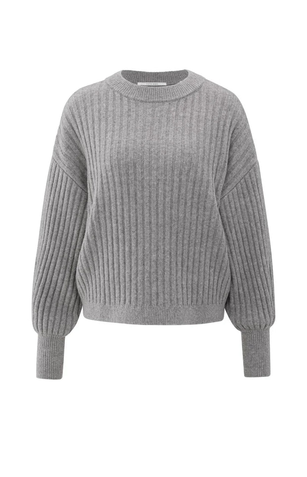Grey Ribbed Sweater With Round Neck and Long Sleeves