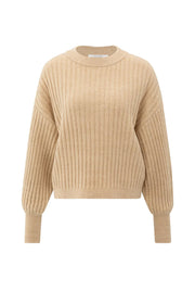 Camel Ribbed Sweater With Round Neck and Long Sleeves