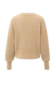 Camel Ribbed Sweater With Round Neck and Long Sleeves