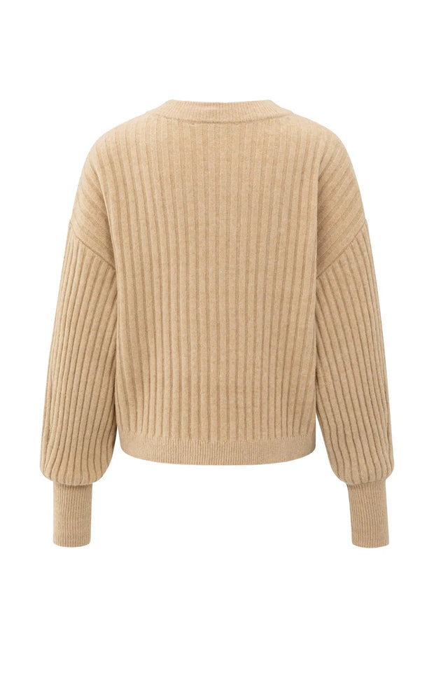 Camel Ribbed Sweater With Round Neck and Long Sleeves