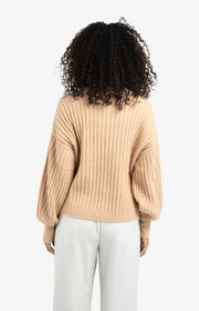 Camel Ribbed Sweater With Round Neck and Long Sleeves