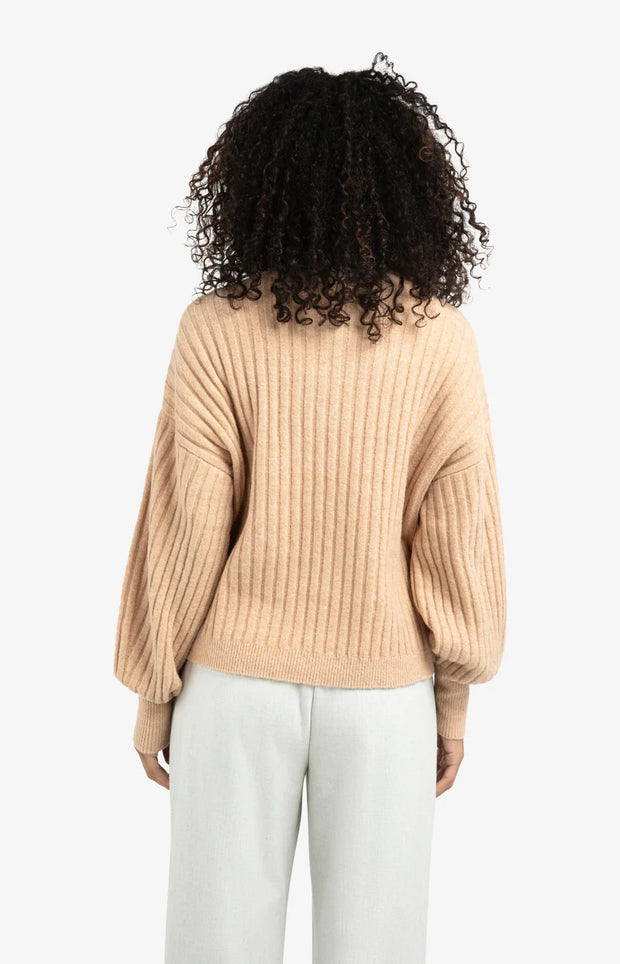 Camel Ribbed Sweater With Round Neck and Long Sleeves