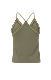 Stone Gray singlet with woven details, V-neck, ruffles and cross straps