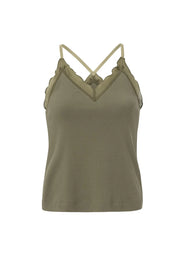 singlet with woven details has a V-neck, subtle ruffles and cross straps at the back. Yaya at From Victoria 