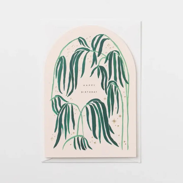 A6 card in an arch shape depicting palms and gold foiled stars From Victoria shop