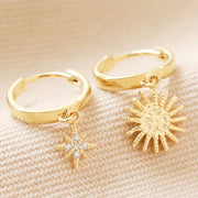 E084 Sunburst and Star Charm Huggie Hoop Earrings in Gold