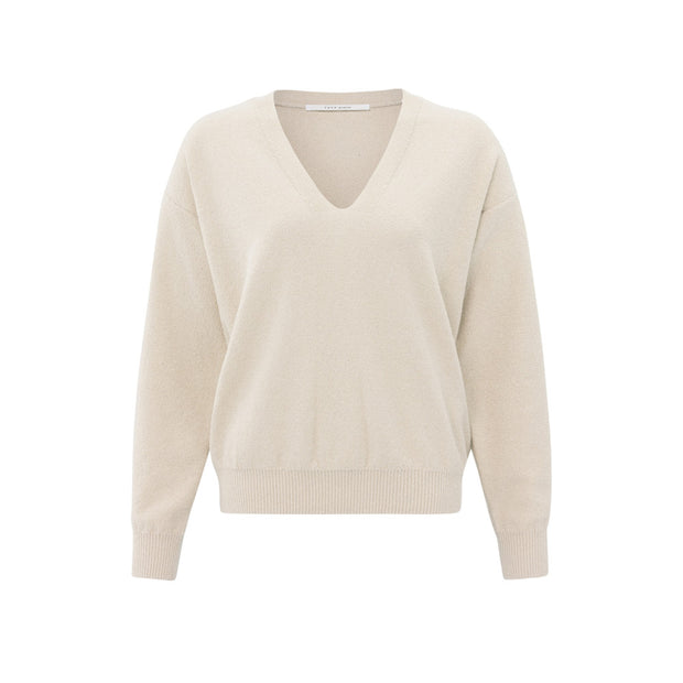 YAYA greige versatile sweater styled with a V-neck, long sleeves and dropped shoulder seams. The sweater is detailed with ribbed accents and is designed in a regular fit.